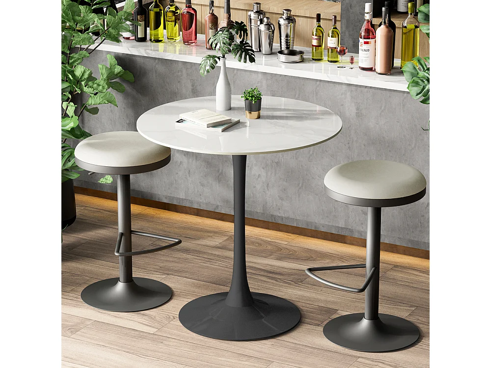 Hoher Bartisch rund, Tischplatte aus Sinterstein weiß, schwarzer Fuß, 76 × 76 × 100 cm, 2 Sitzplätze