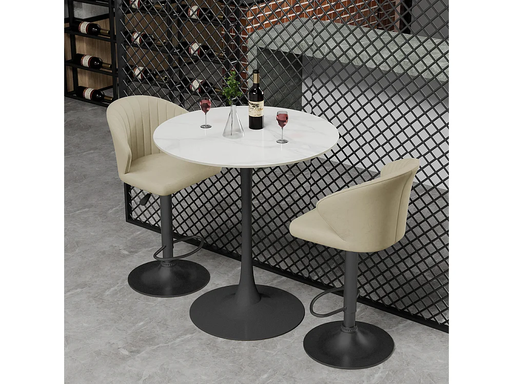 Hoher Bartisch rund, Tischplatte aus Sinterstein weiß, schwarzer Fuß, 76 × 76 × 100 cm, 2 Sitzplätze