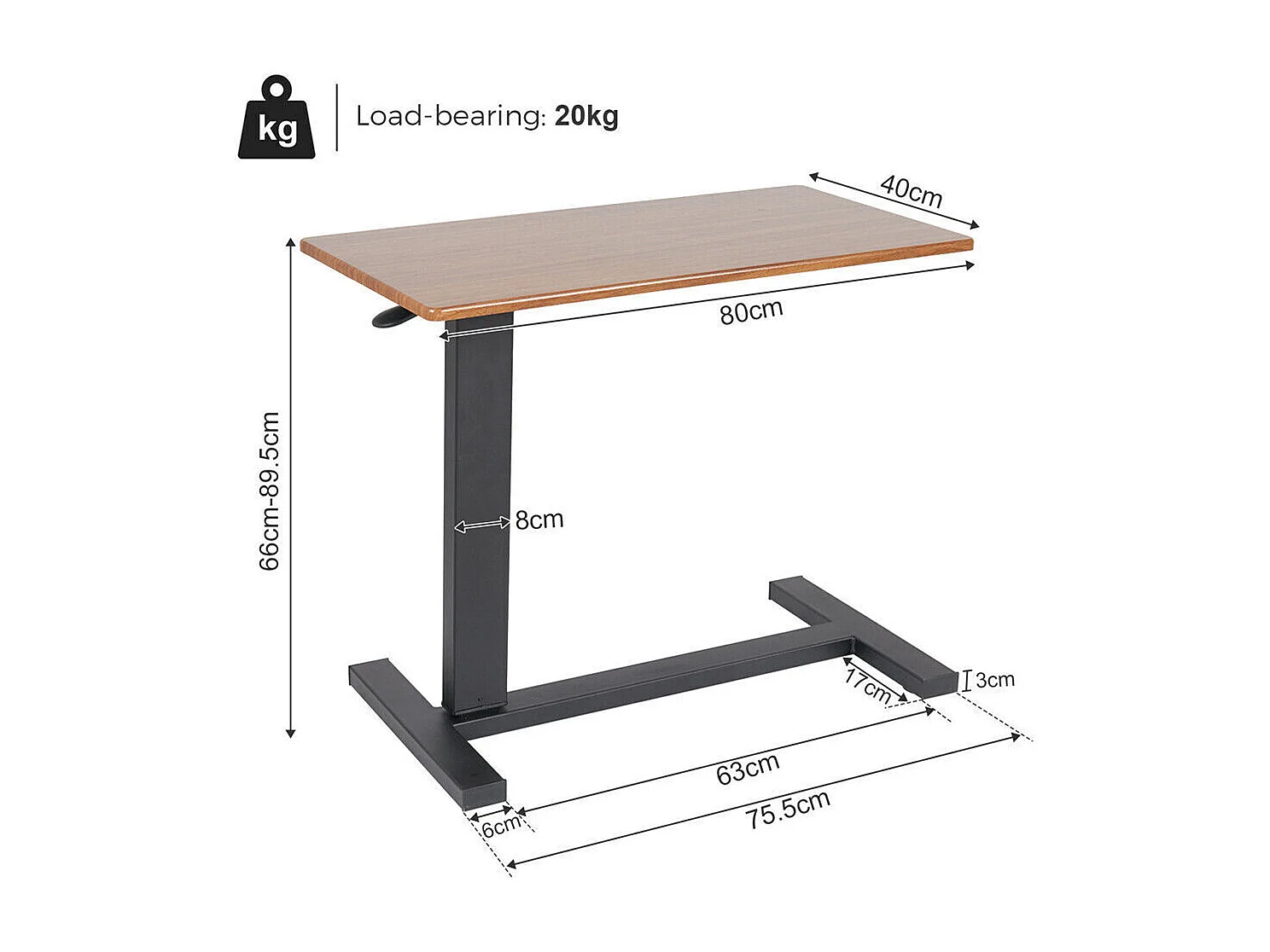 Table de lit à roulettes réglable pneumatique en hauteur de 66 à 90 cm pour lit médicalisé ordinateur portable 80x40x89.5cm