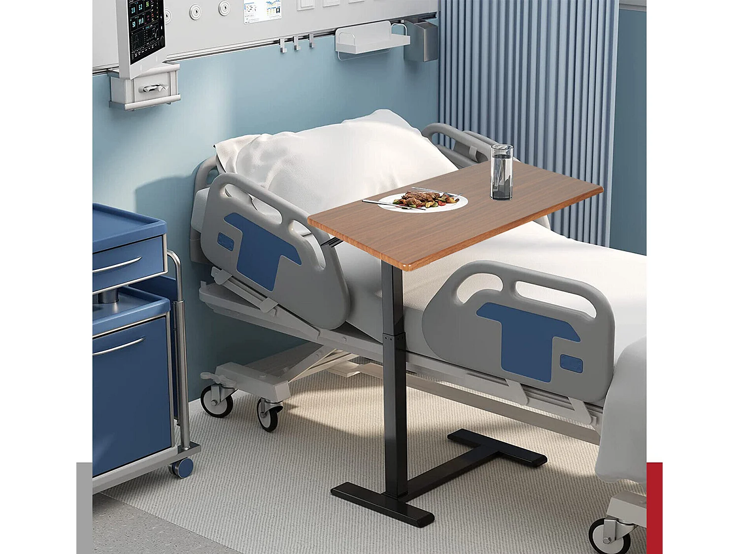 Table de lit à roulettes réglable pneumatique en hauteur de 66 à 90 cm pour lit médicalisé ordinateur portable 80x40x89.5cm