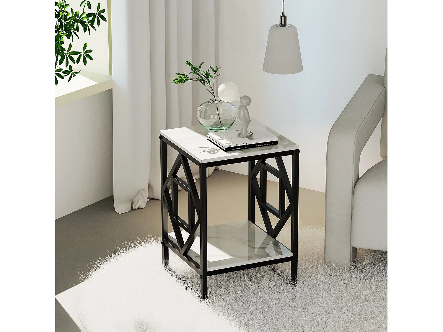 Table d'appoint marbre carré à 2 niveaux design pour salon café 40x40x58cm