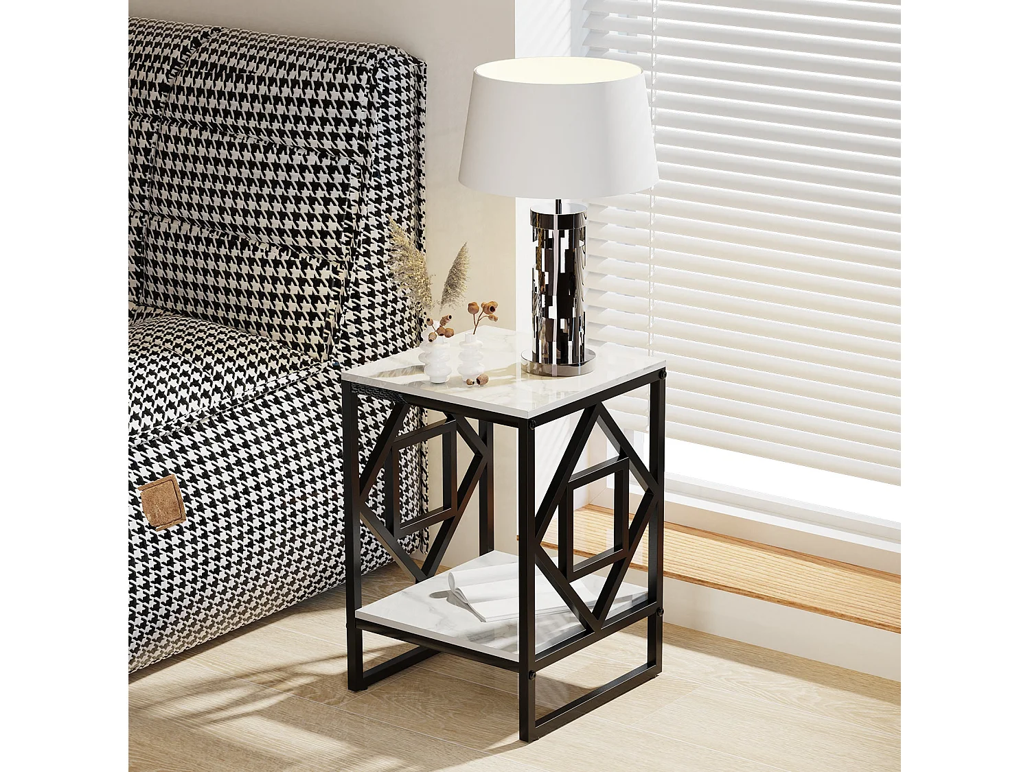 Table d'appoint marbre carré à 2 niveaux design pour salon café 40x40x58cm