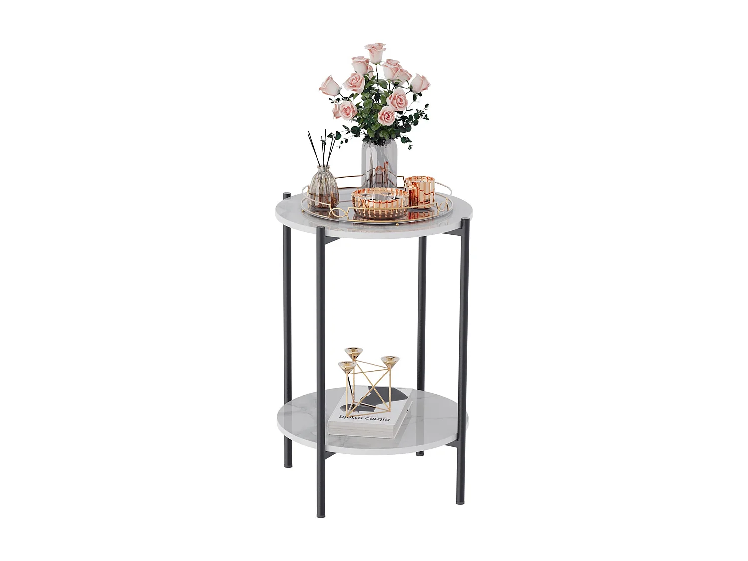 Table de canapé marbre ronde métal design modern à 2 niveaux 40x40x56cm