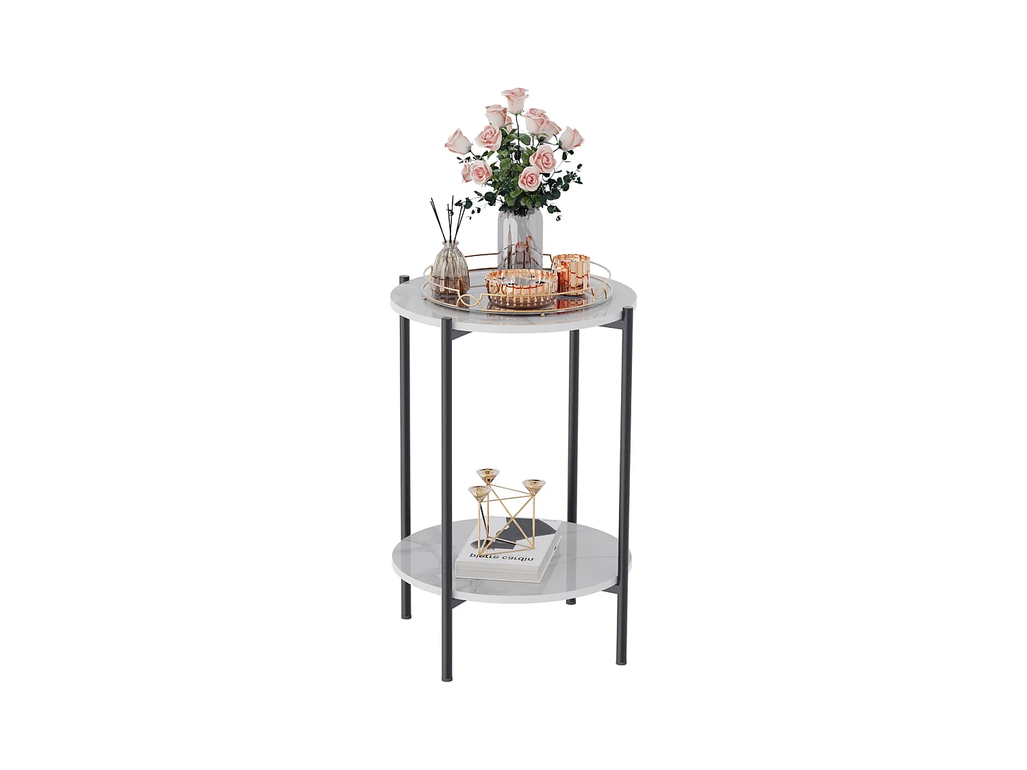 Table de canapé marbre ronde métal design modern à 2 niveaux 40x40x56cm