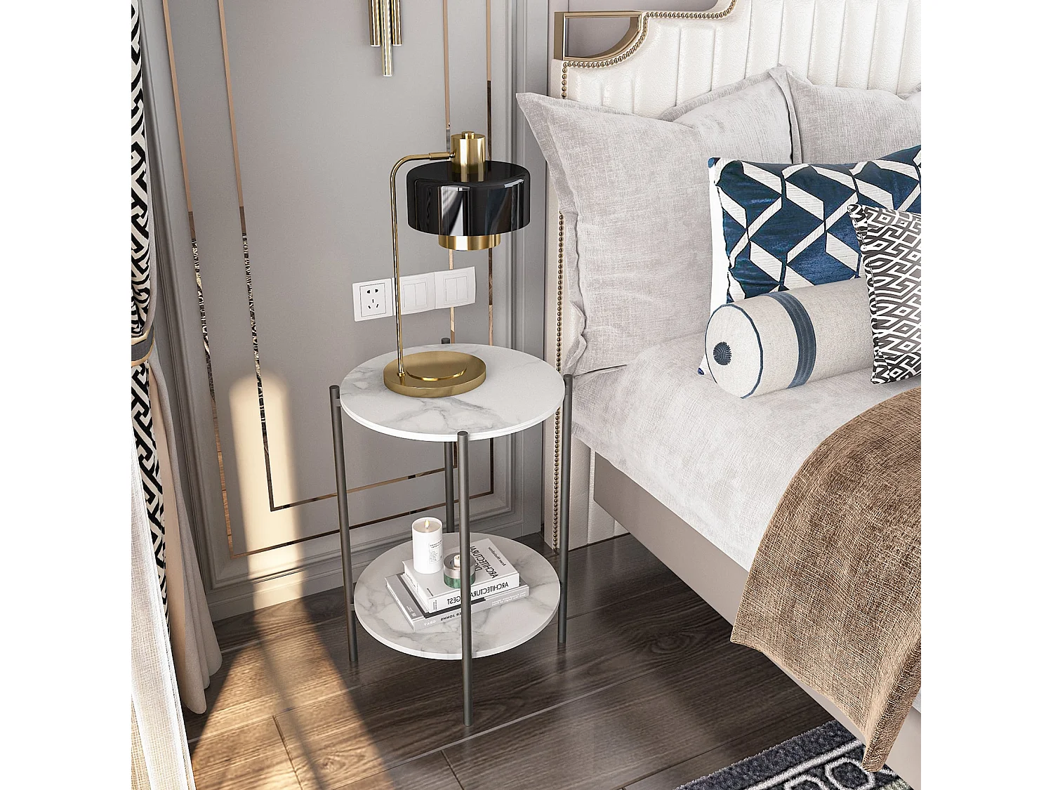 Table de canapé marbre ronde métal design modern à 2 niveaux 40x40x56cm