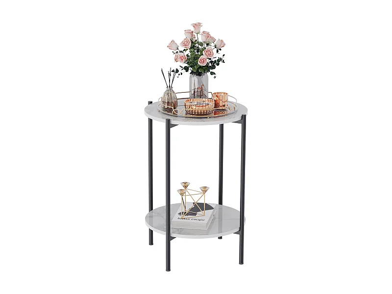 Table de canapé marbre ronde métal design modern à 2 niveaux 40x40x56cm