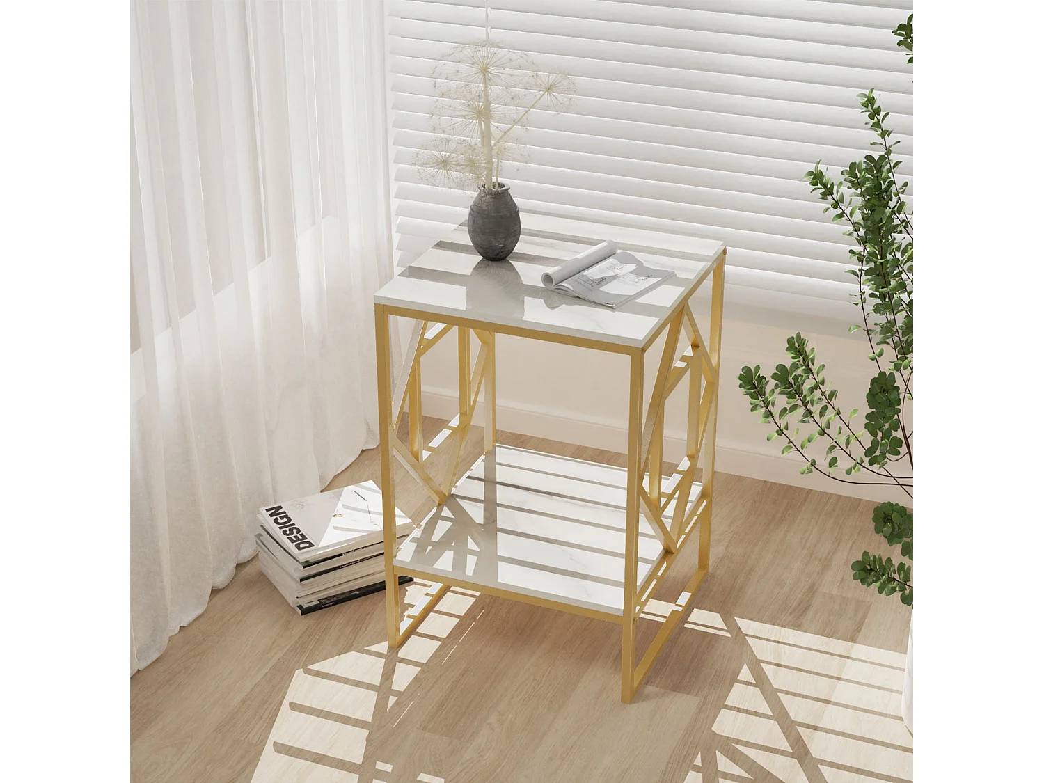 Table d'appoint marbre carré à 2 niveaux design géométrique pour salon café 40x40x58cm