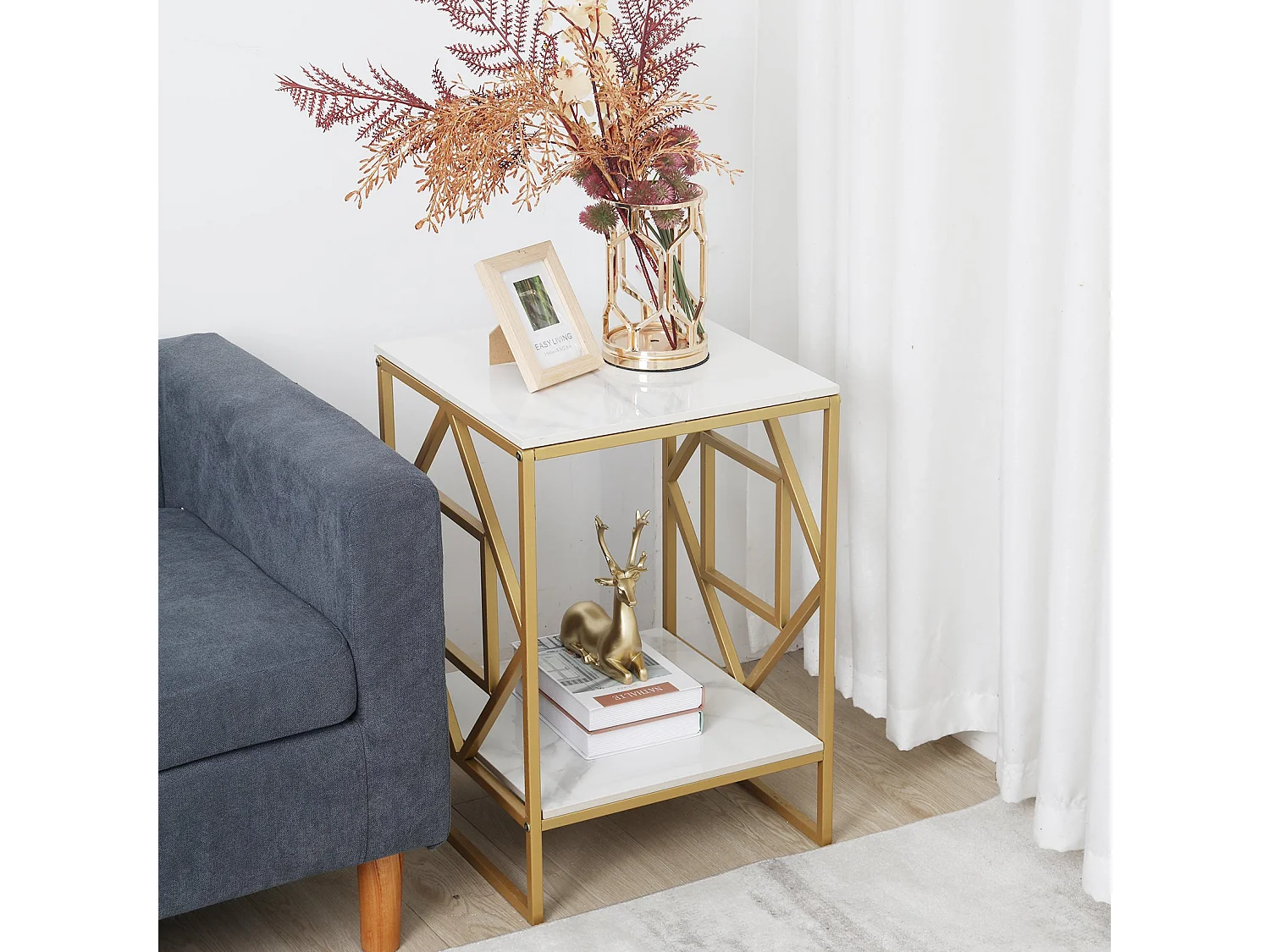 Table d'appoint marbre carré à 2 niveaux design géométrique pour salon café 40x40x58cm