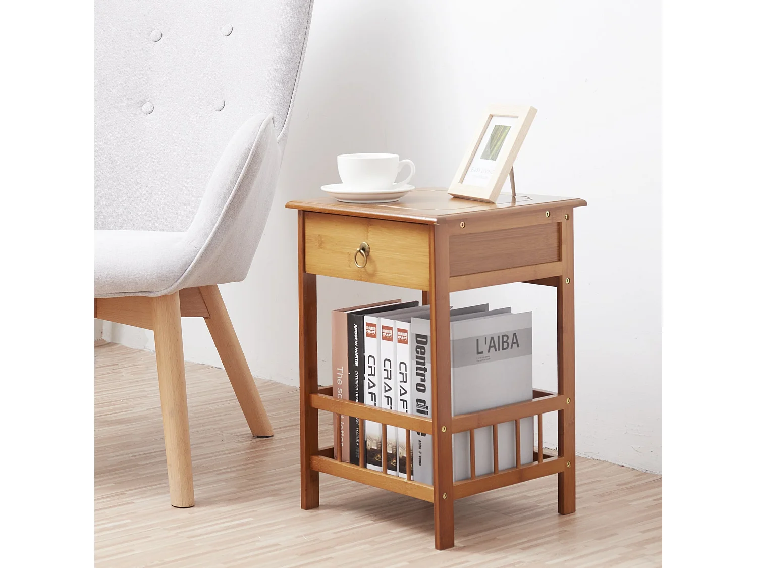 Table de chevet bambou étagère de rangement vintage pour salon chambre bureau 30x30x49cm