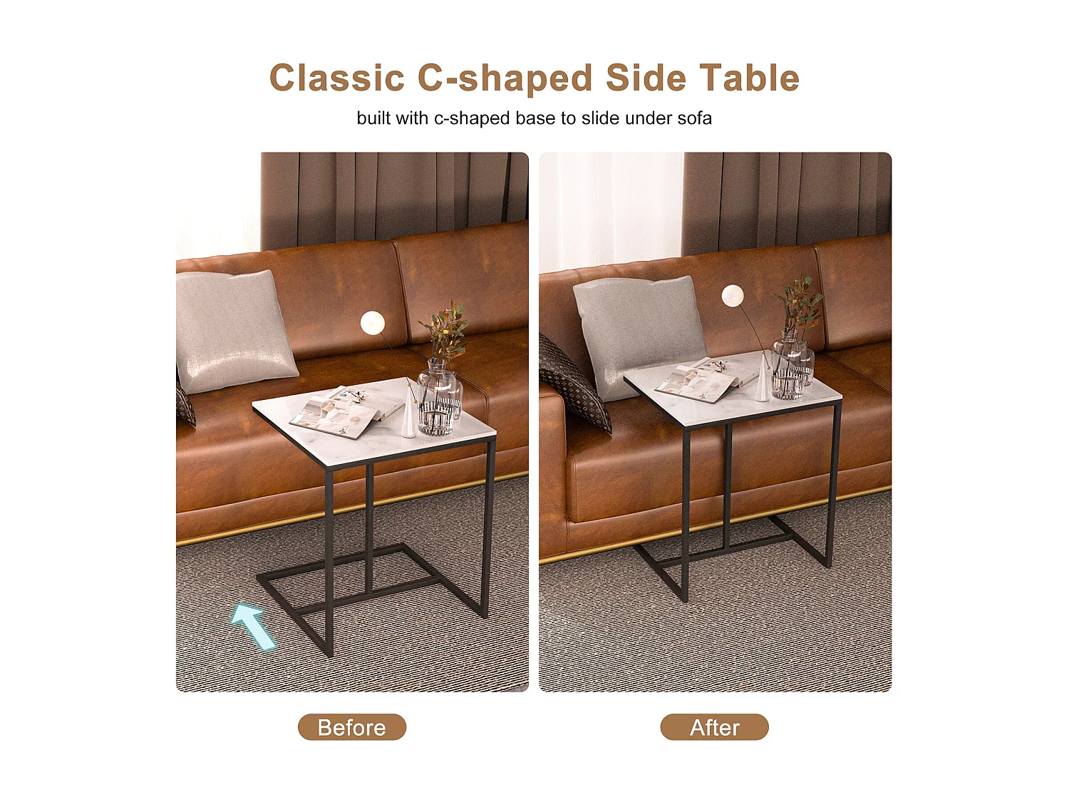 Table d’appoint marbre blanc bout de canapé en scandinave cadre en métal 45x39.5x52.5cm