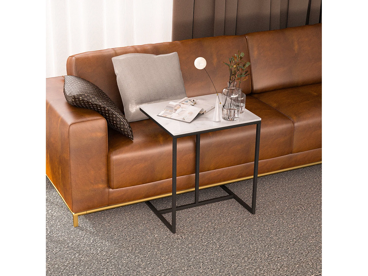 Table d’appoint marbre blanc bout de canapé en scandinave cadre en métal 45x39.5x52.5cm