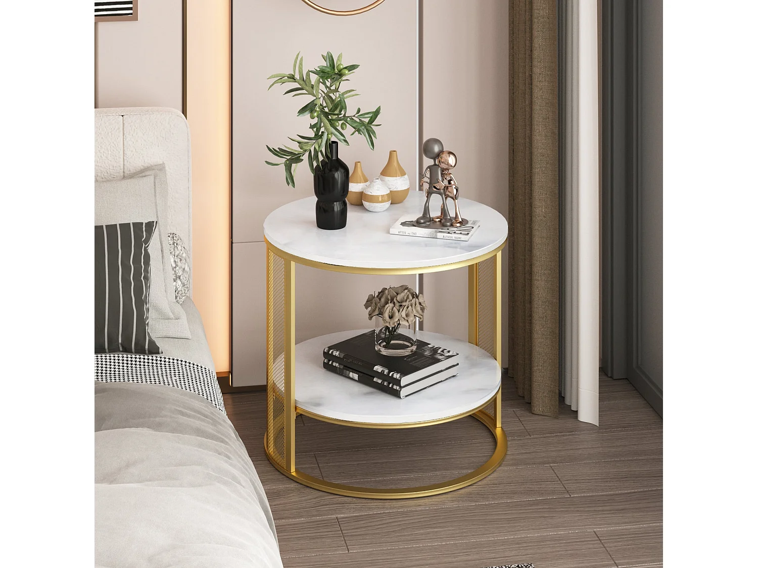 Table basse marbre rond design blanc guéridons de salon moderne et scandinave pour chambre 55x55x51cm