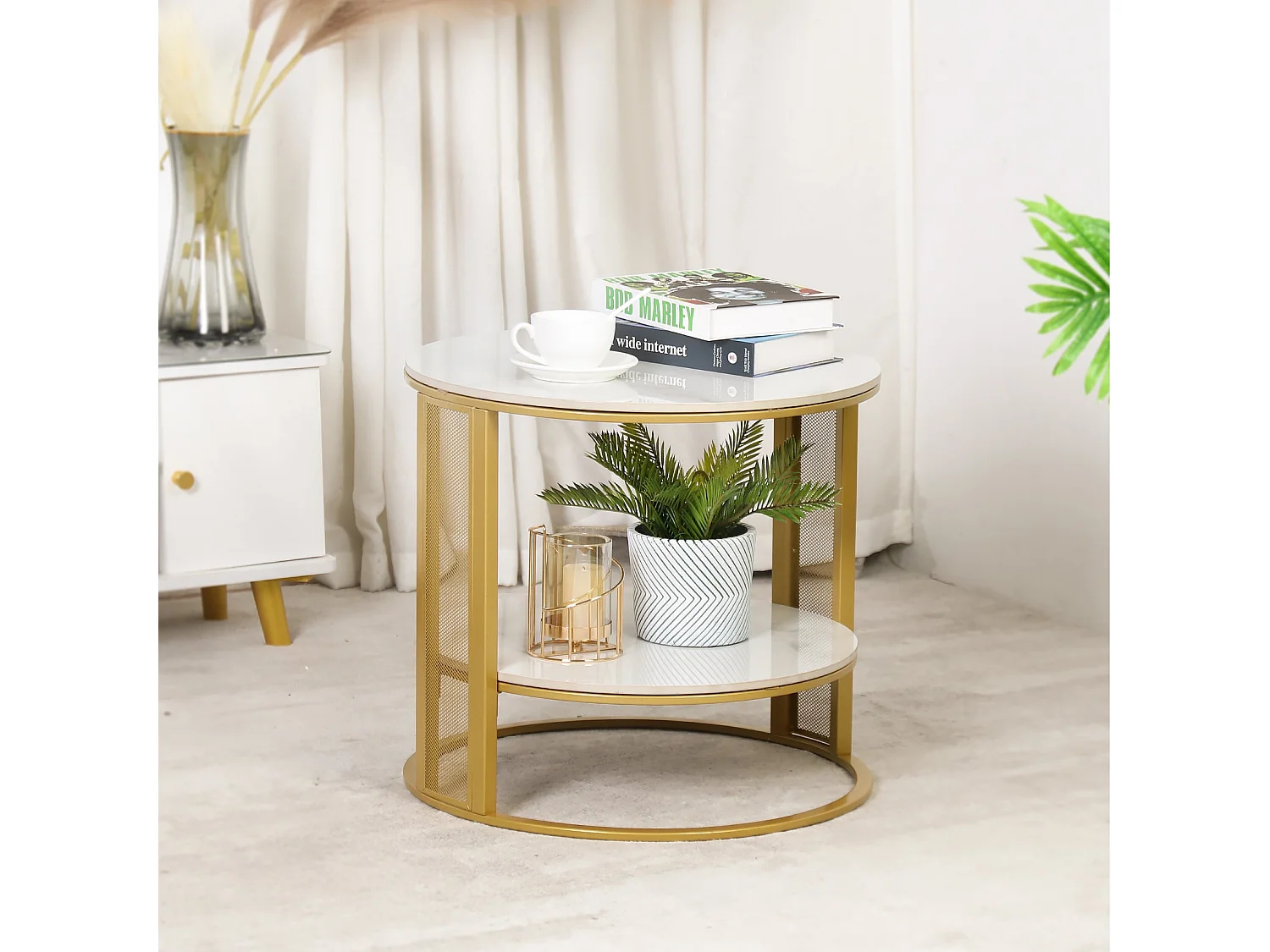 Table basse marbre rond design blanc guéridons de salon moderne et scandinave pour chambre 55x55x51cm