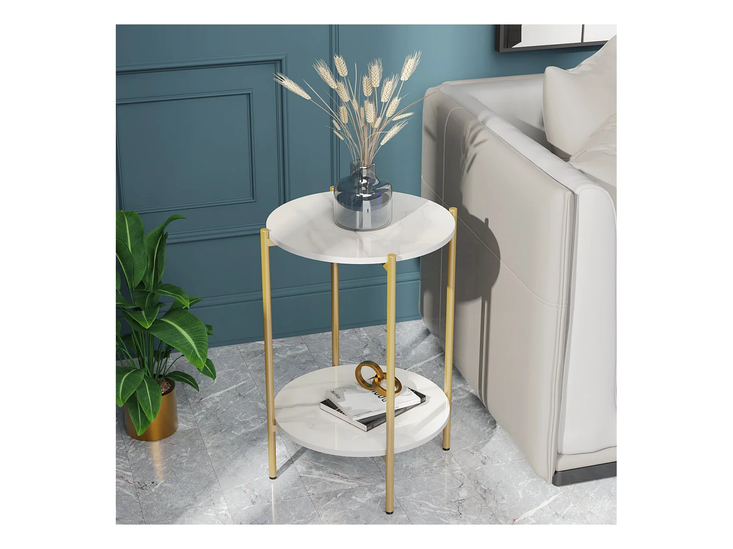 Table d'appoint marbre ronde métal design modern à 2 niveaux 40x40x56cm