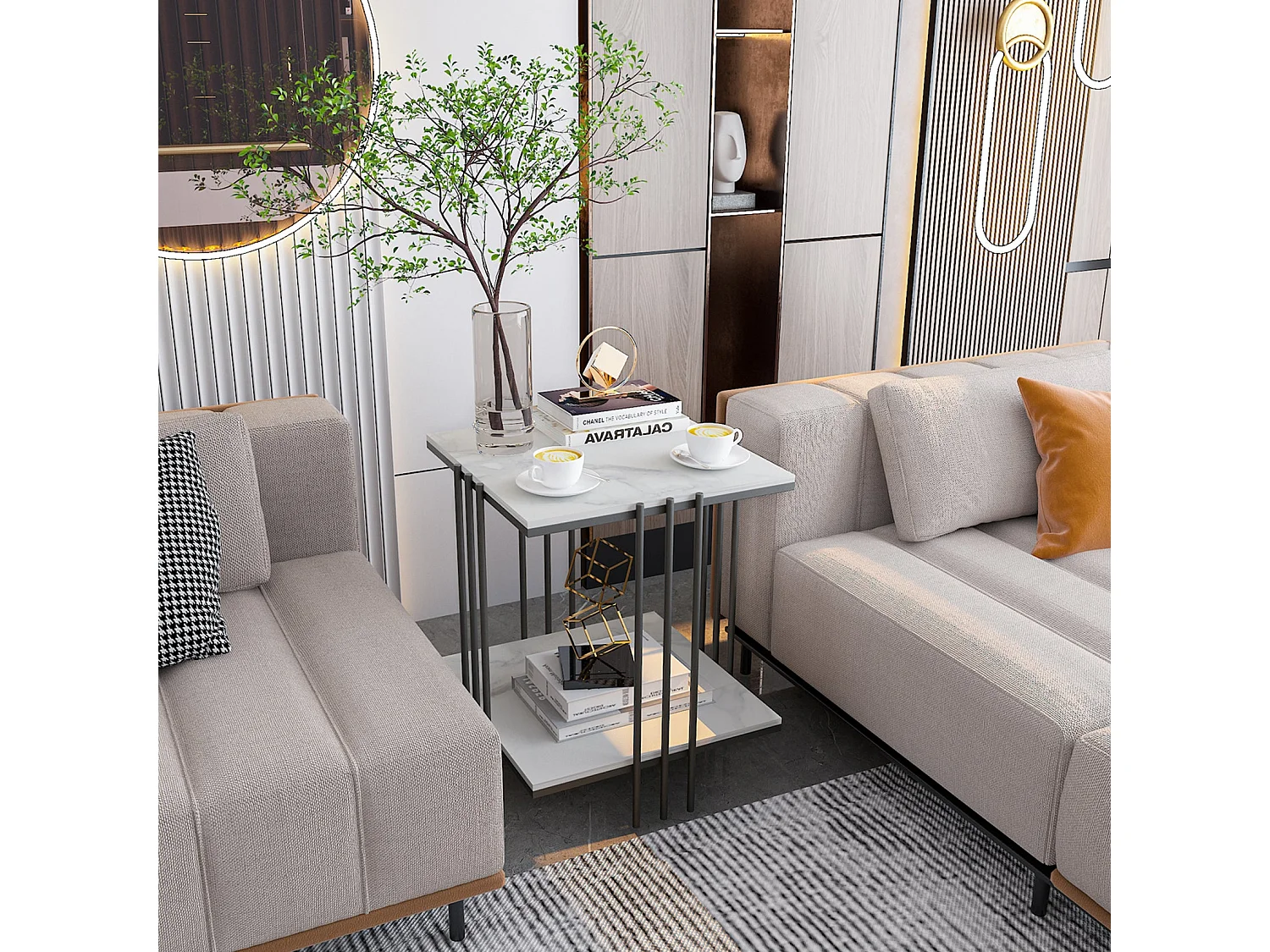 Table basse gigogne ronde marbre salon en pierre frittée lot de 2 design marbre 80x80x40cm / 45x45x50cm