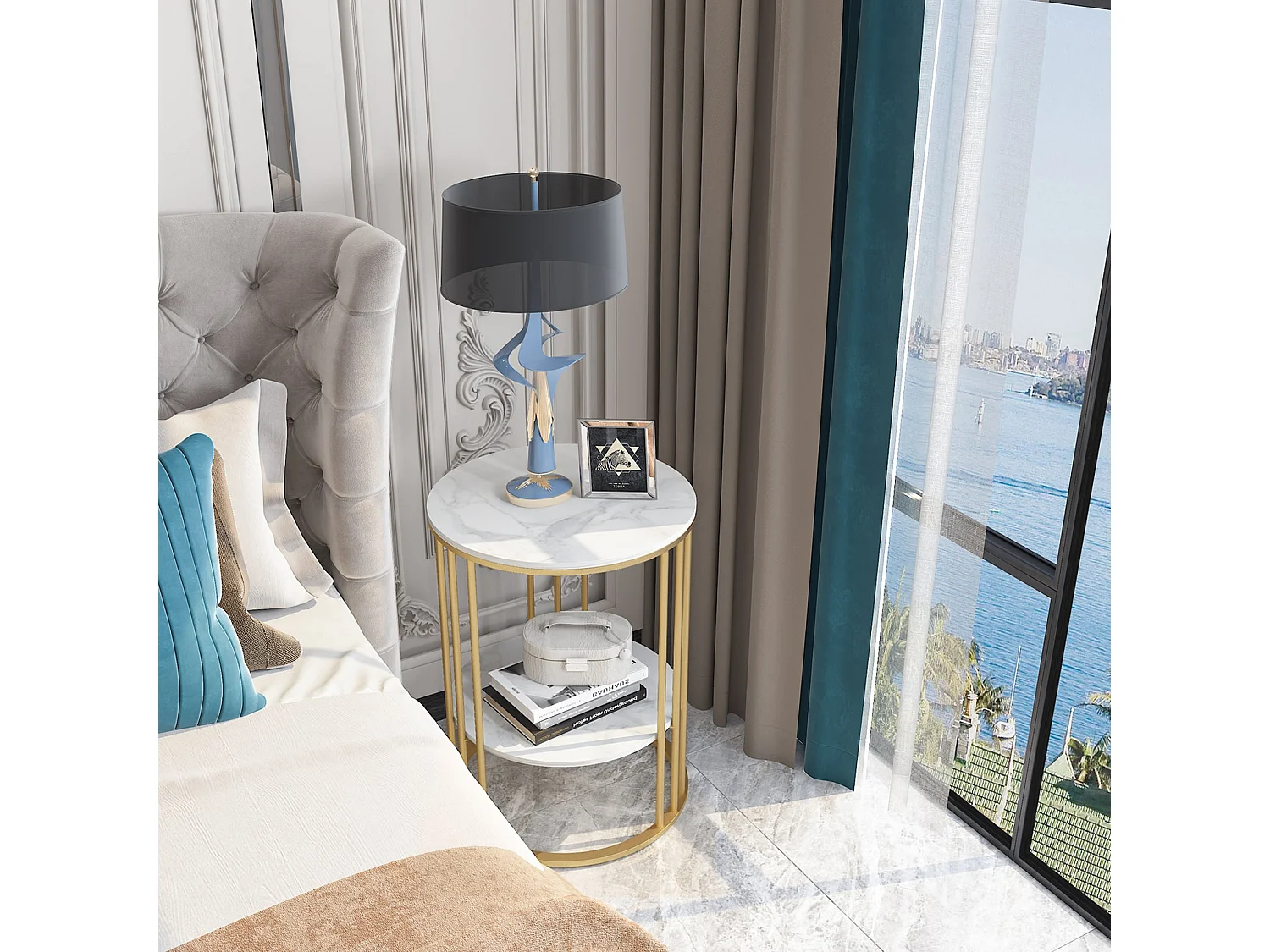 Table d'appoint bout de canapé ronde en marbre pour salon chevet 40x40x54cm