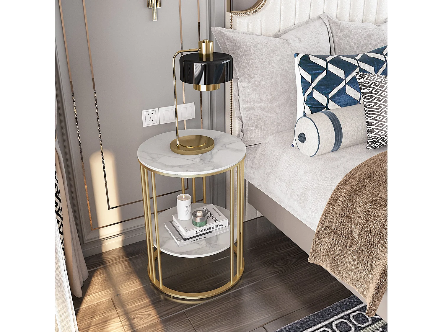 Table d'appoint bout de canapé ronde en marbre pour salon chevet 40x40x54cm