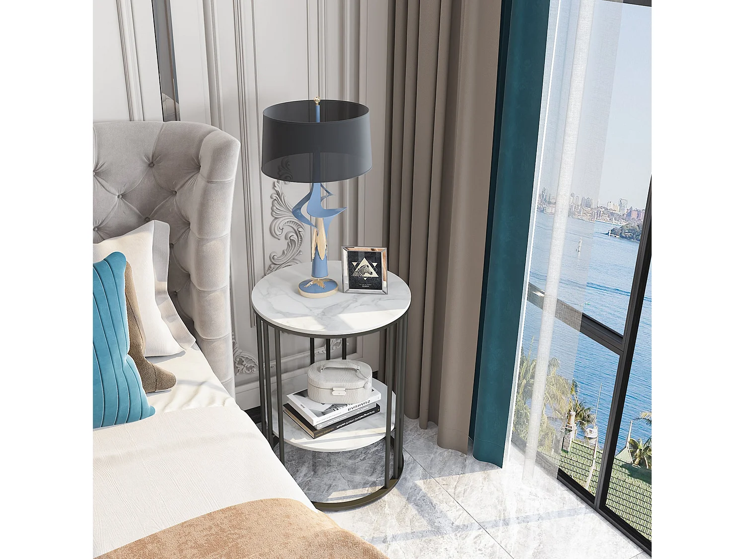 Table de chevet bout de canapé ronde en marbre pour salon chevet 40x40x54cm