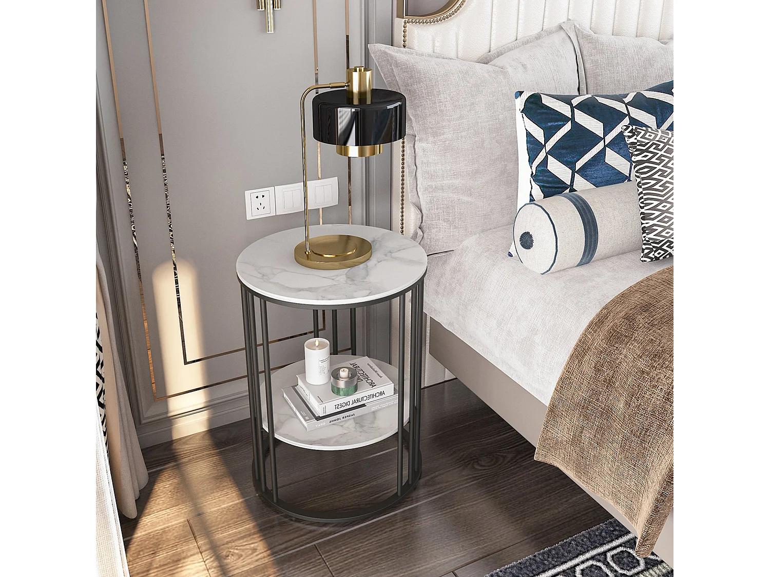 Table de chevet bout de canapé ronde en marbre pour salon chevet 40x40x54cm