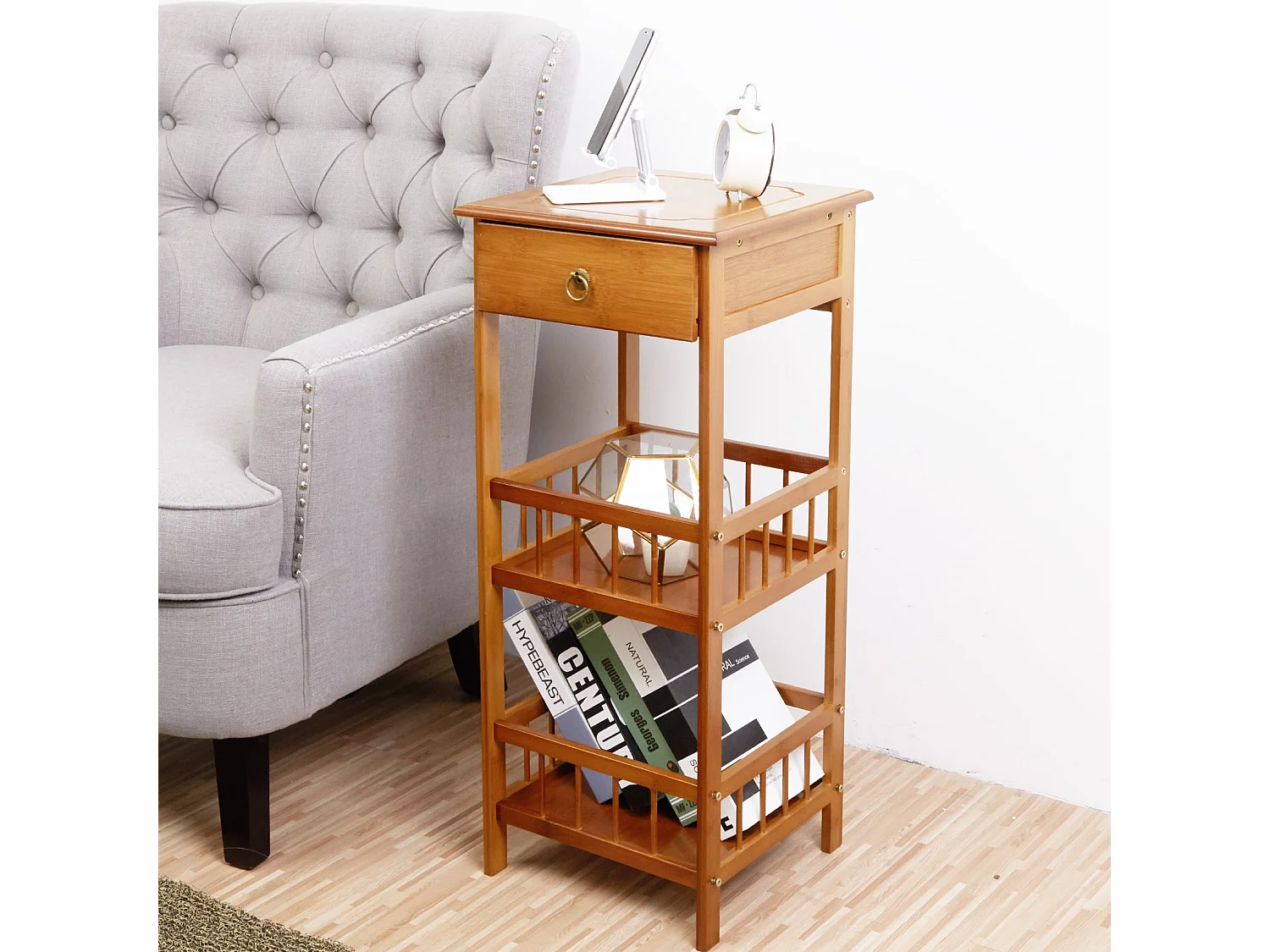 Table de chevet bambou étagère bois de rangement vintage pour chambre bureau 30x30x78cm