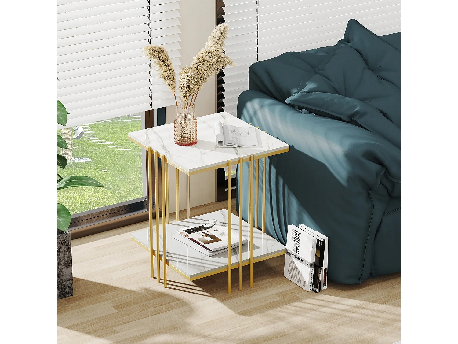 Table d'appoint marbre carrée bout de canapé à 2 niveaux moderne pour salon chambre 45x45x56cm