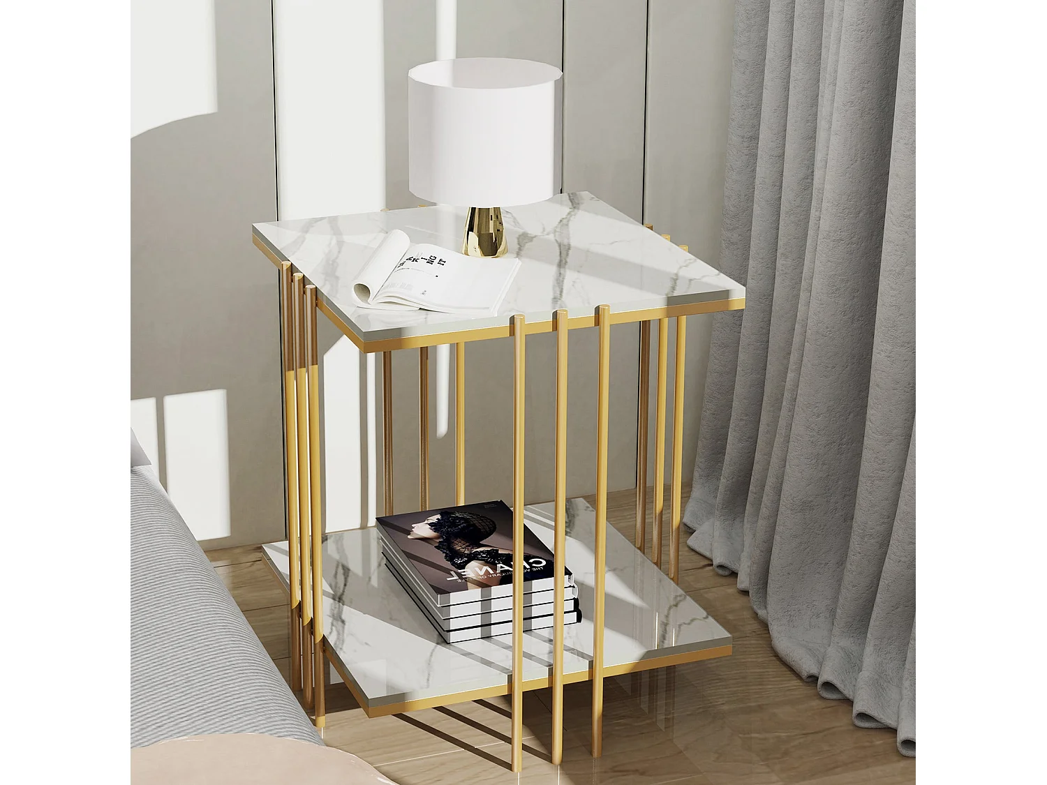 Table d'appoint marbre carrée bout de canapé à 2 niveaux moderne pour salon chambre 45x45x56cm