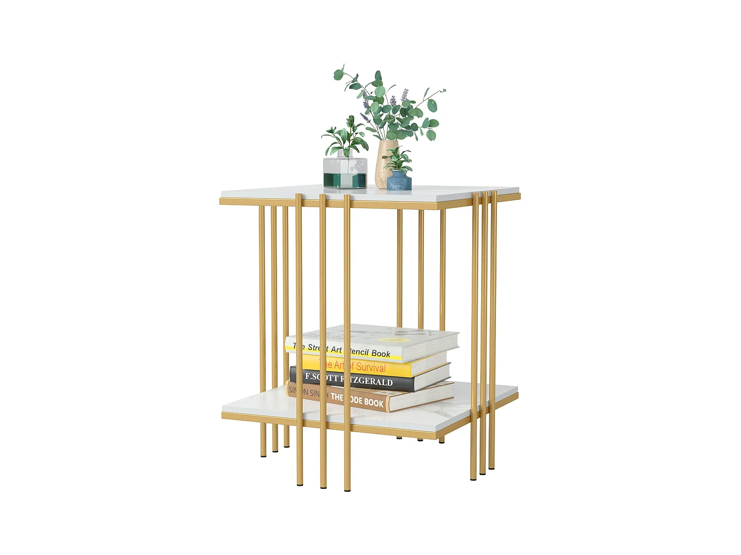 Table d'appoint marbre carrée bout de canapé à 2 niveaux moderne pour salon chambre 45x45x56cm
