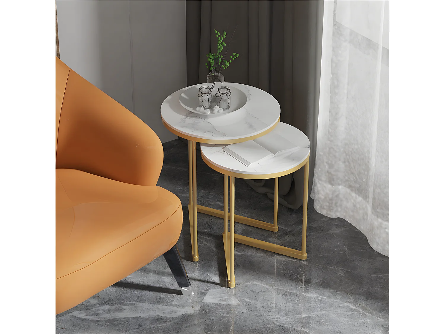 Table d'appoint gigogne ronde blanche marbre bout de canapé pour salon terrasse 45x45x55cm / 40x40x50.5cm