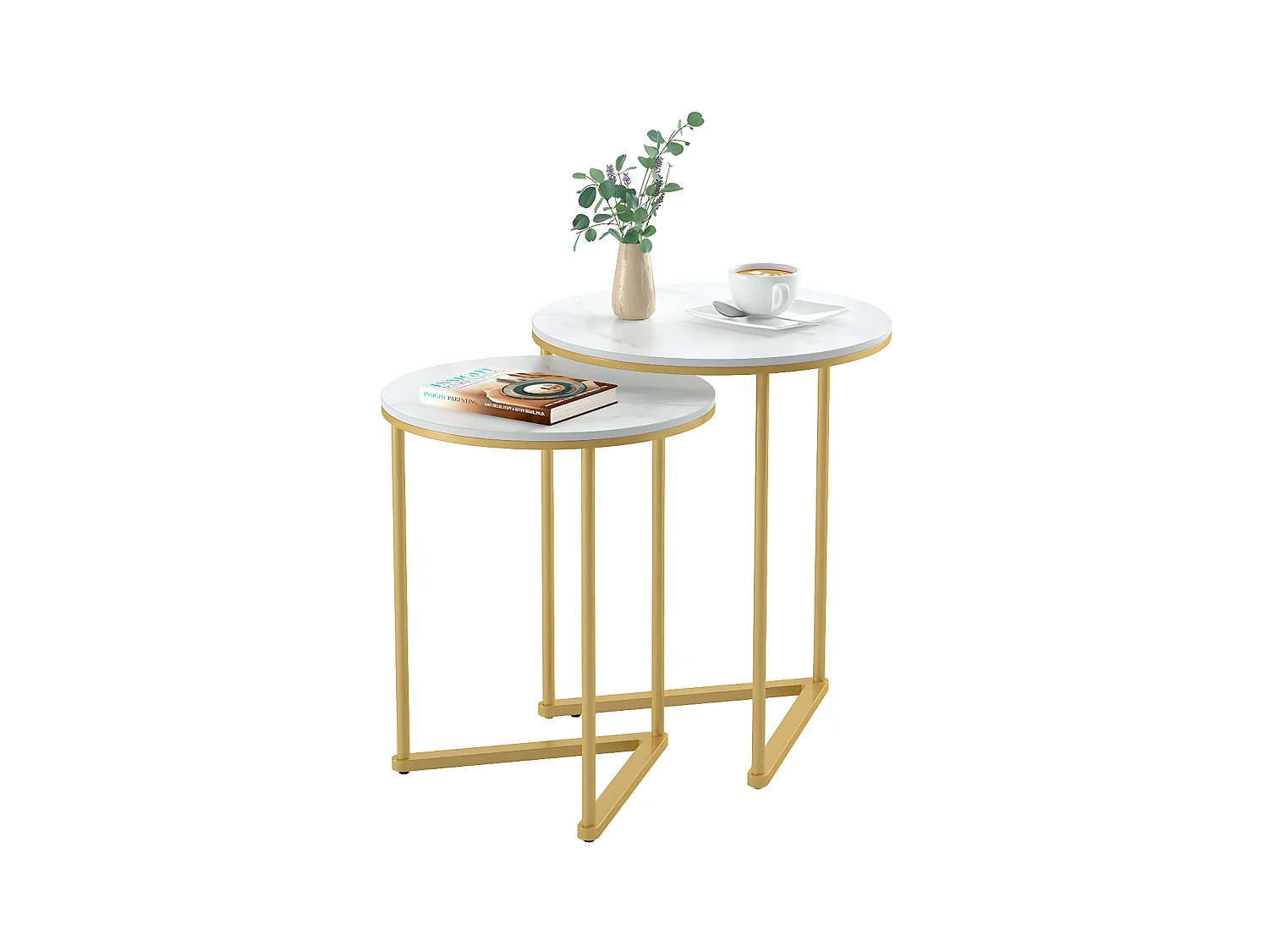 Table d'appoint gigogne ronde blanche marbre bout de canapé pour salon terrasse 45x45x55cm / 40x40x50.5cm