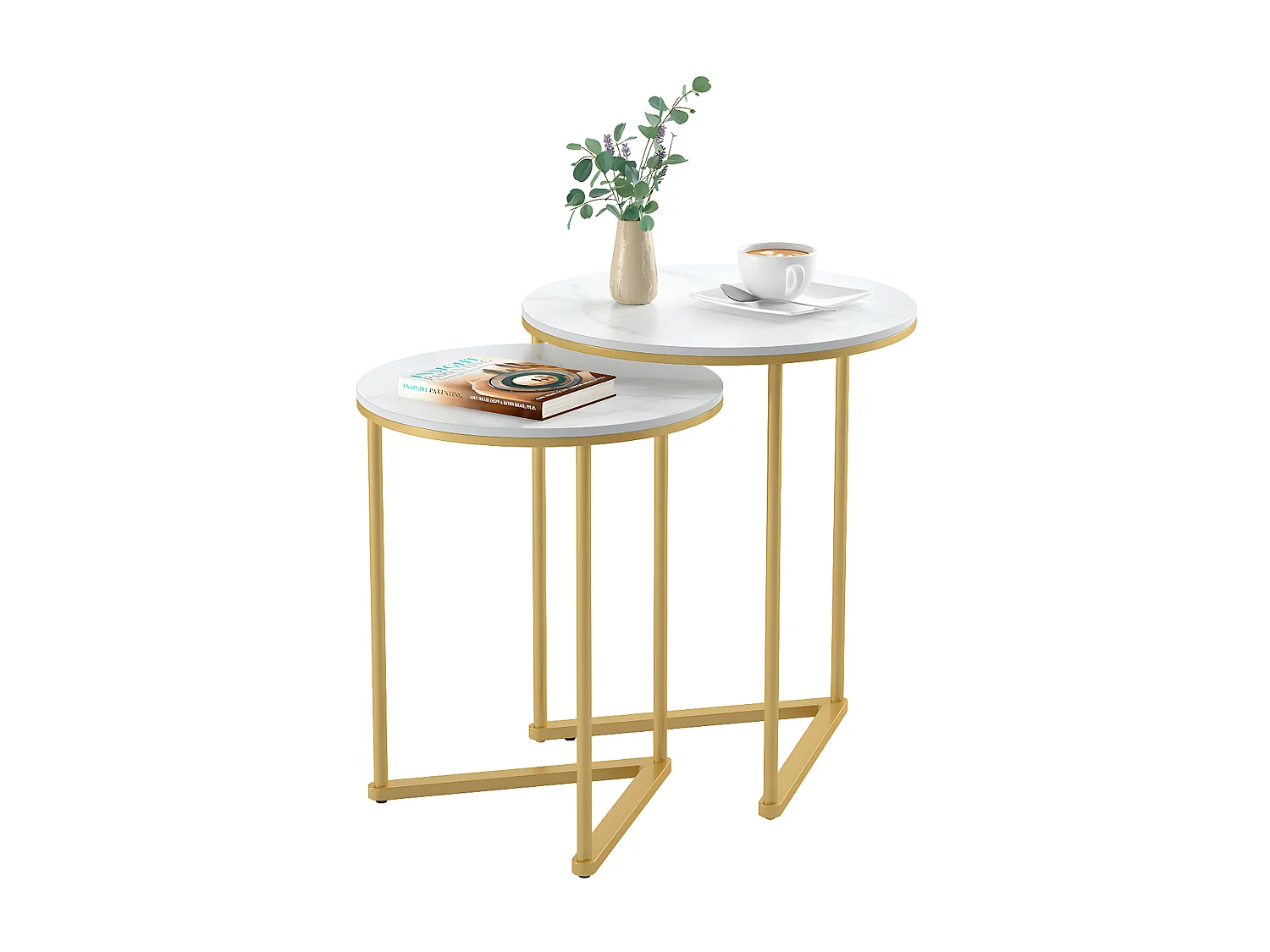 Table d'appoint gigogne ronde blanche marbre bout de canapé pour salon terrasse 45x45x55cm / 40x40x50.5cm