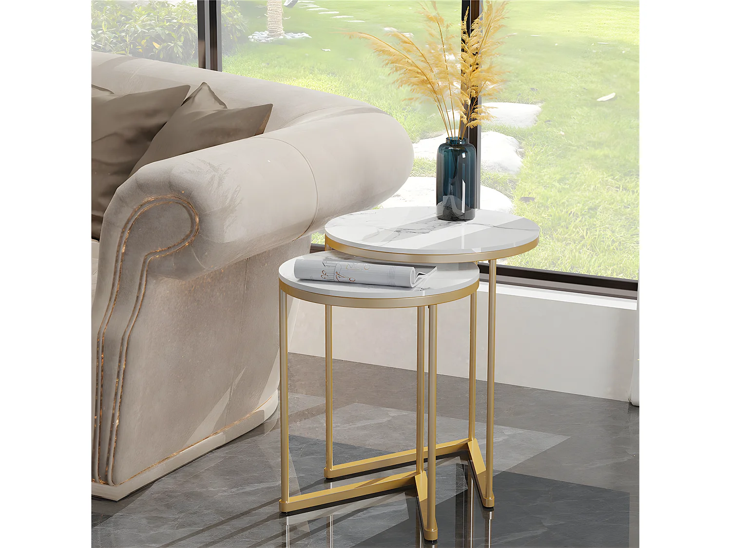 Table d'appoint gigogne ronde blanche marbre bout de canapé pour salon terrasse 45x45x55cm / 40x40x50.5cm