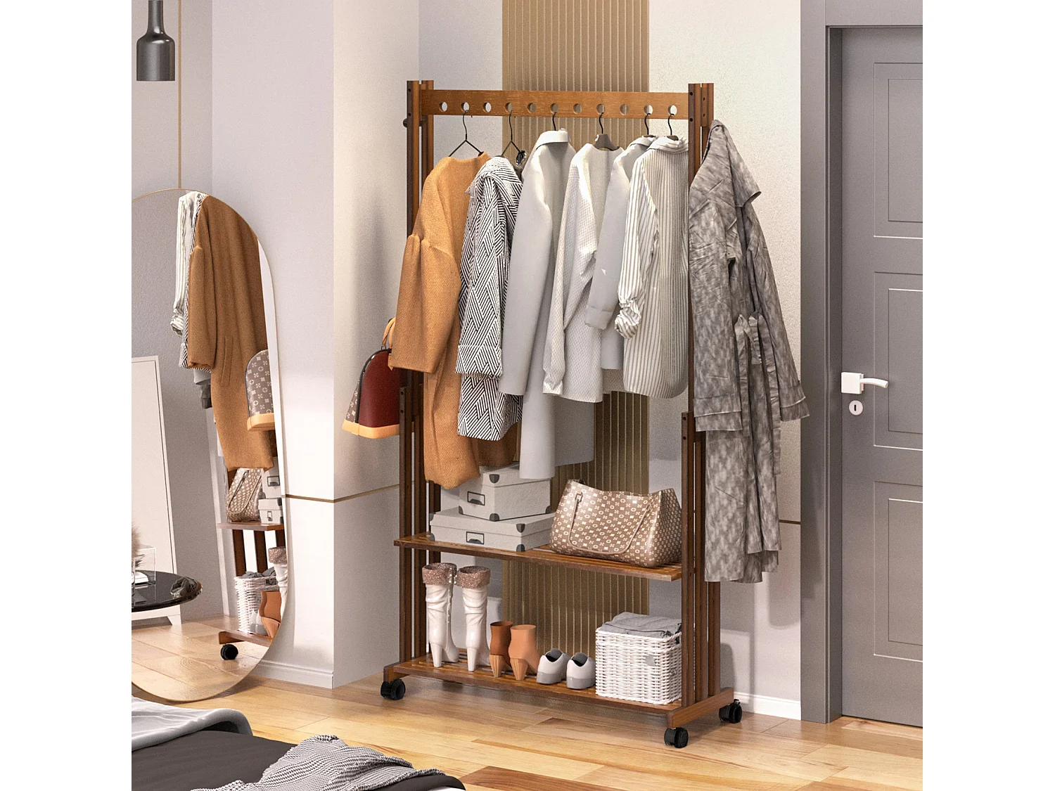 Stabiler Kleiderständer mit Ablage, Garderobenständer auf Rollen, Schlafzimmer Kleiderständer 104x32,2x166cm