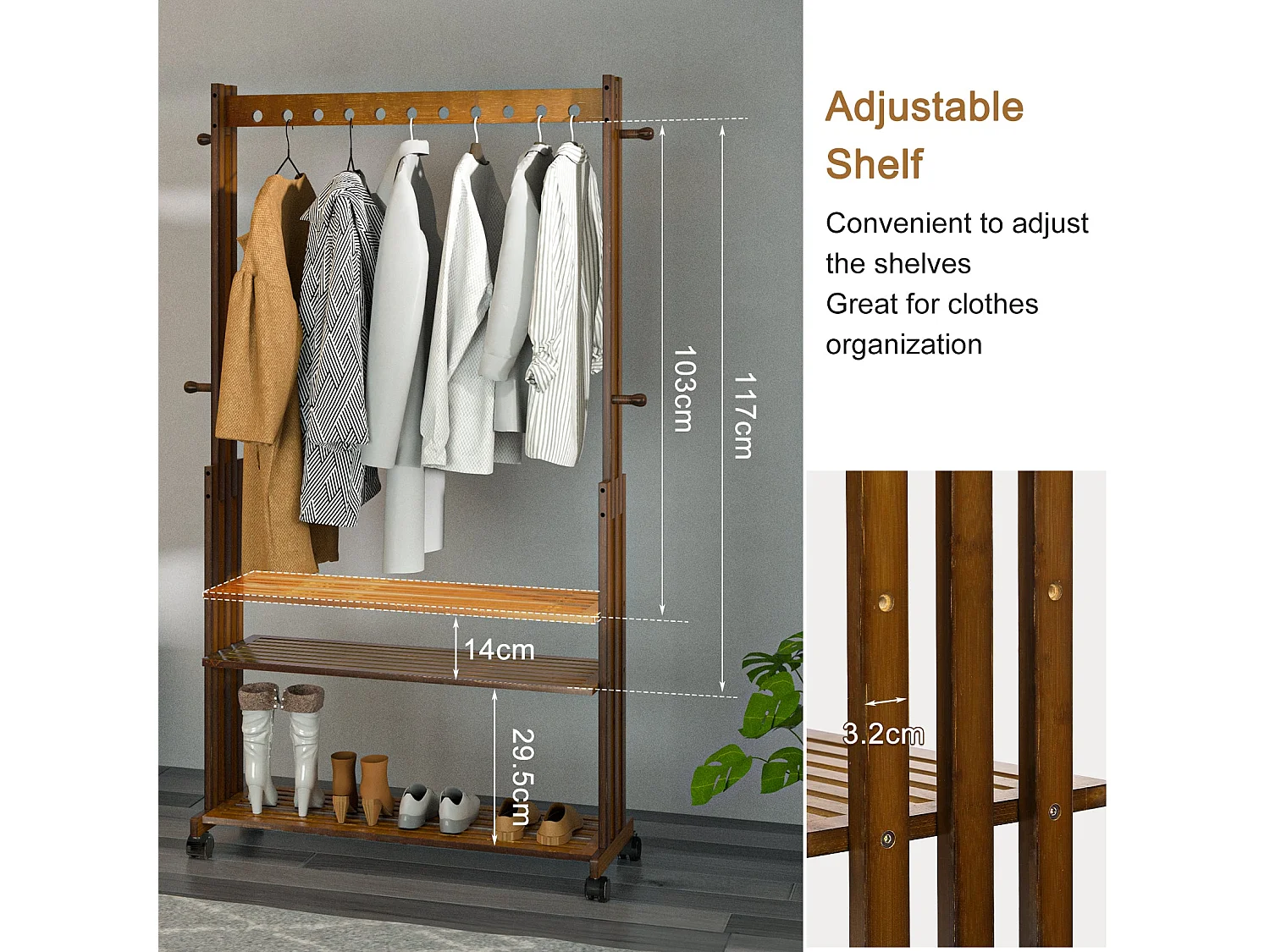 Portant à vêtement solide penderie vêtement avec étagère porte manteaux à roulettes porte vêtement pour chambre 104x32.2x166cm