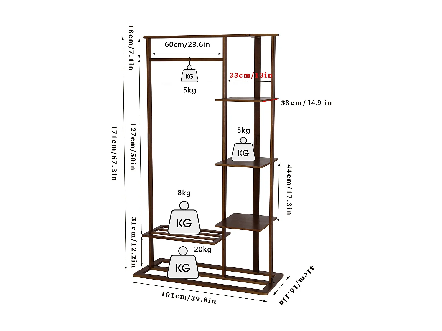 Portant à vêtements solide penderie vetements à 4 étagères porte-vêtement multifonctionnel armoire ouverte 101x41x171cm