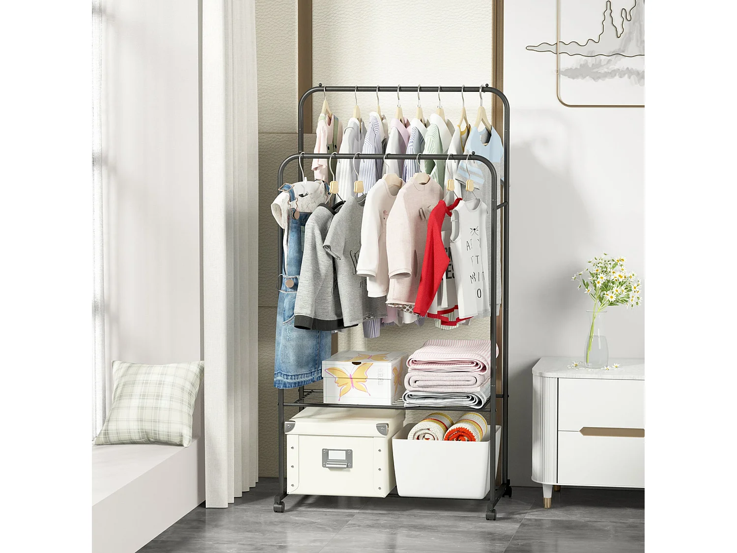 Kledingrek op wielen, stevig dubbel kledingrek met 2 planken, multifunctioneel 80,5x51x155cm