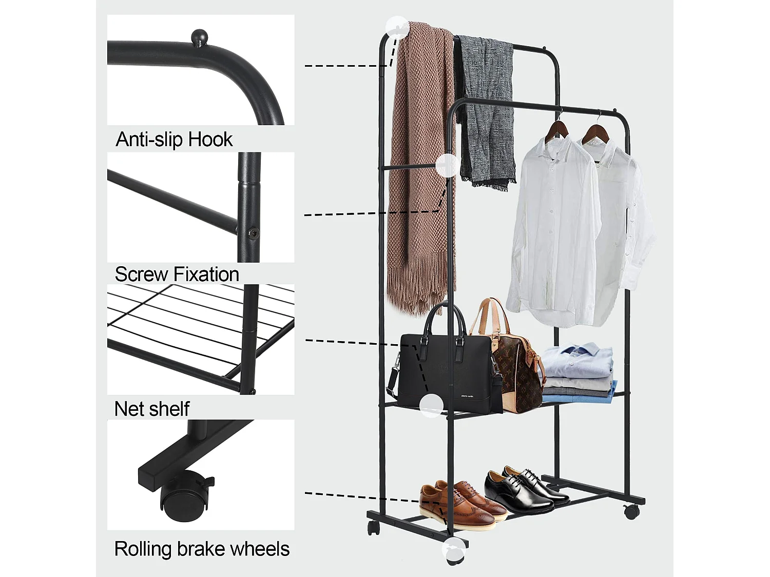 Kledingrek op wielen, stevig dubbel kledingrek met 2 planken, multifunctioneel 80,5x51x155cm