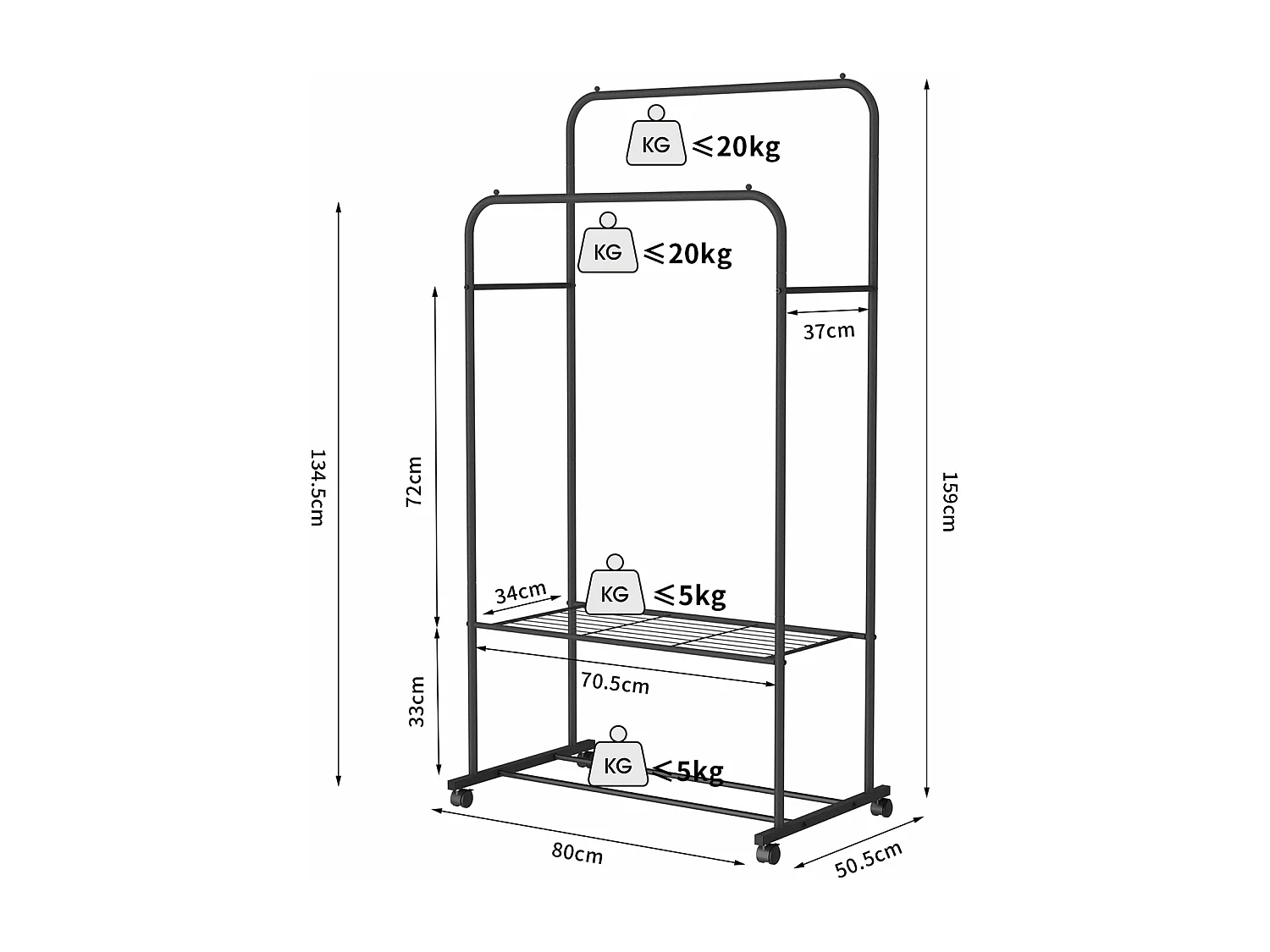 Kledingrek op wielen, stevig dubbel kledingrek met 2 planken, multifunctioneel 80,5x51x155cm