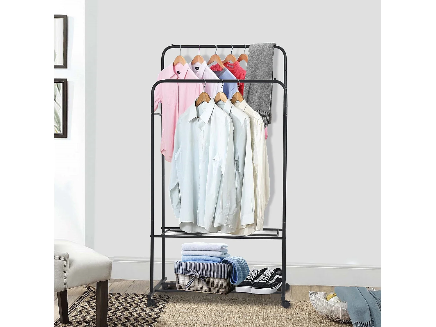 Portant vêtements à roulettes penderie vêtement solide double porte vêtement avec 2 étagères multifonctionnel 80.5x51x155cm