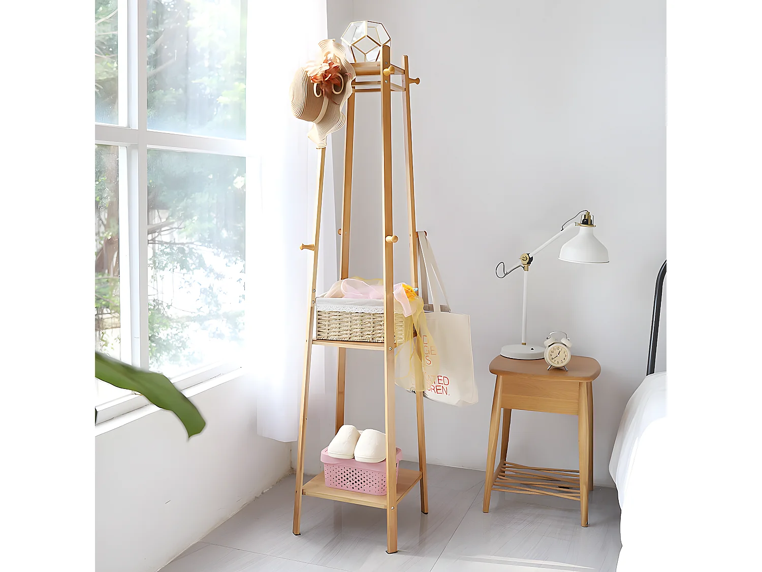 Design kapstok met 3 planken en 8 haken, solide kapstok, halkapstok, 39x39x169cm