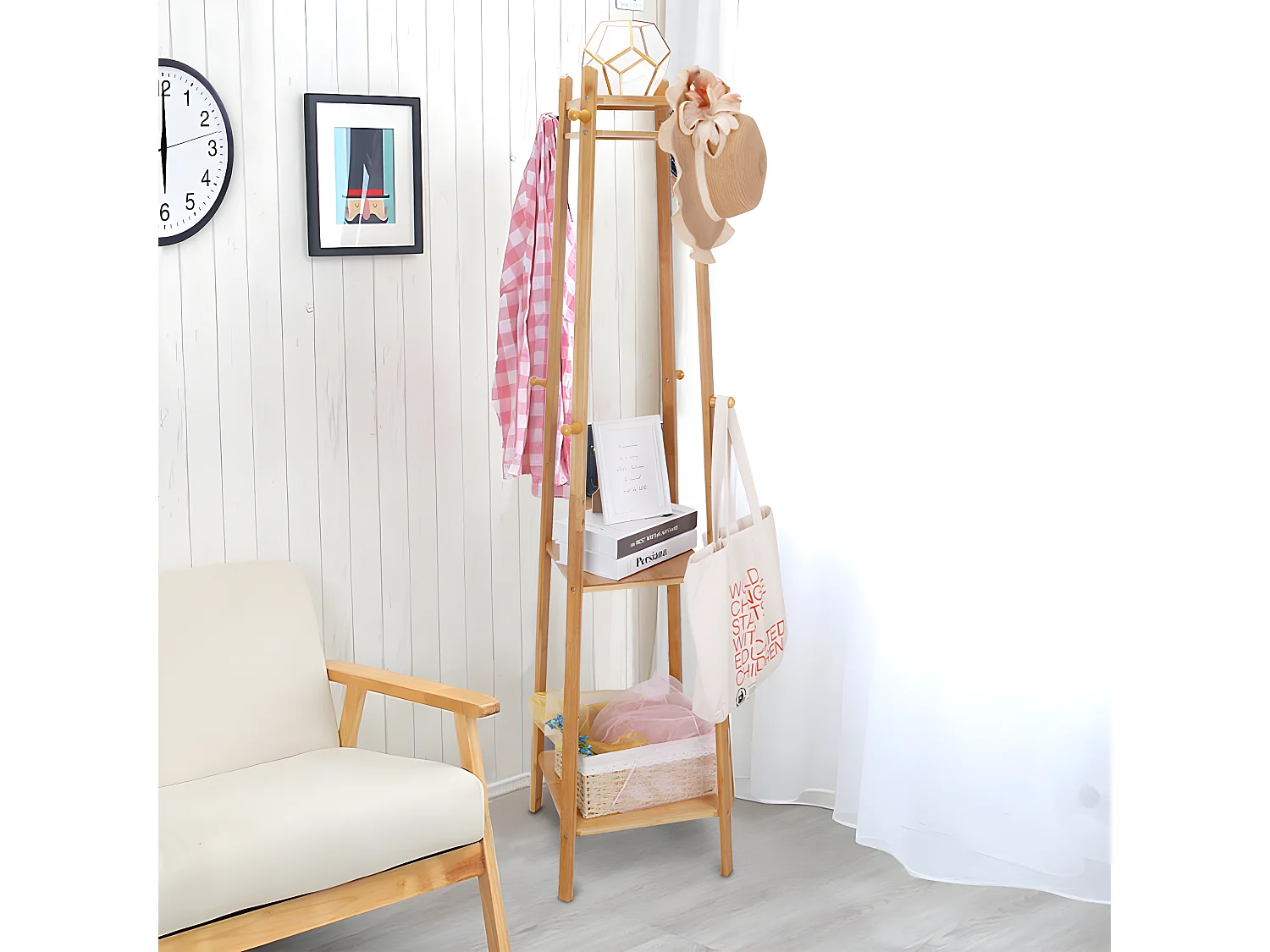 Design kapstok met 3 planken en 8 haken, solide kapstok, halkapstok, 39x39x169cm