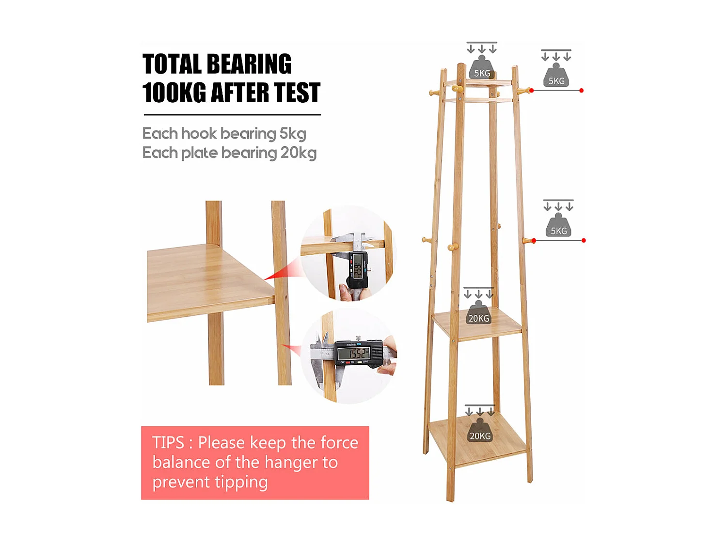 Design kapstok met 3 planken en 8 haken, solide kapstok, halkapstok, 39x39x169cm