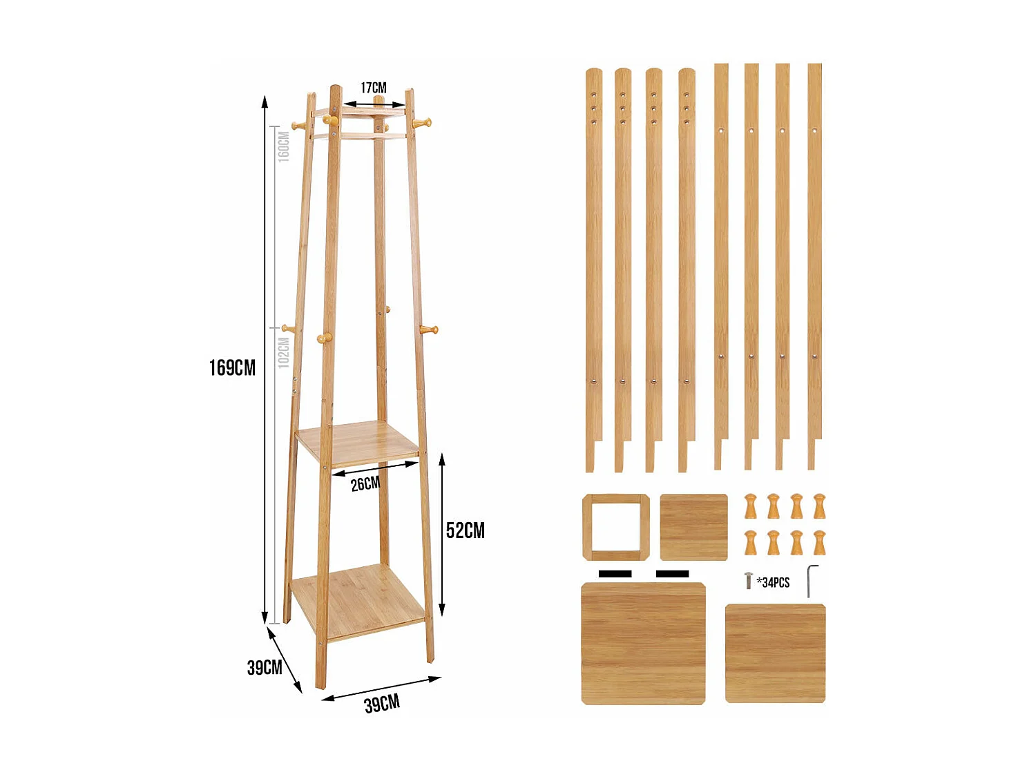 Design kapstok met 3 planken en 8 haken, solide kapstok, halkapstok, 39x39x169cm