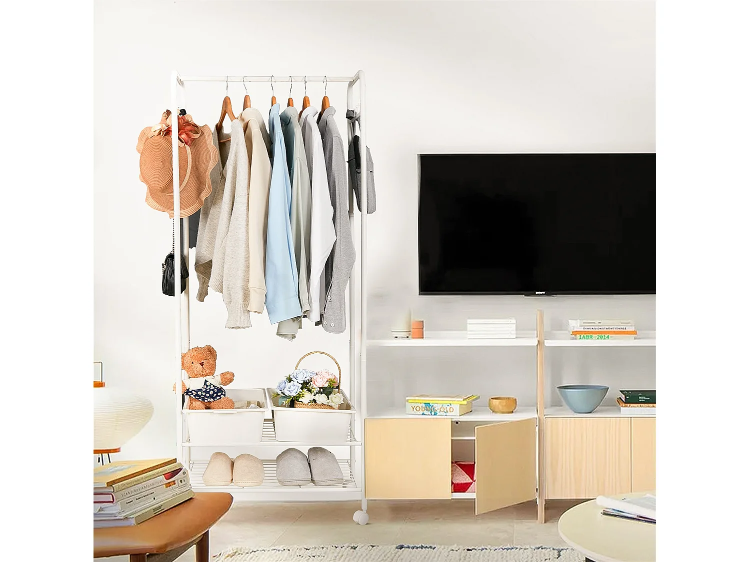 Designer Garderobe mit 3 Ablagen und 8 Haken, massive Garderobe, Garderobenständer für den Eingangsbereich, 39x39x169cm