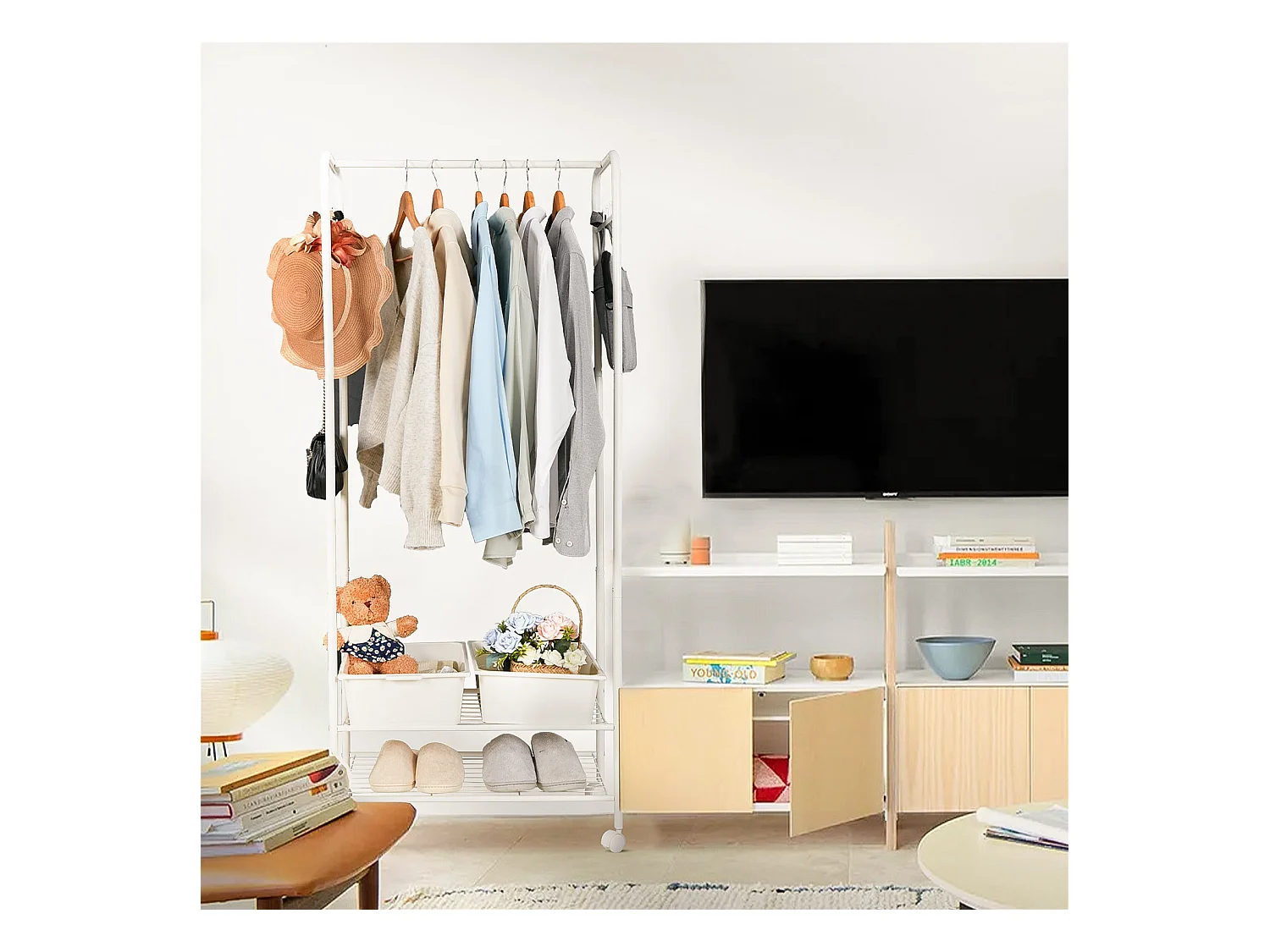 Design kapstok met 3 planken en 8 haken, solide kapstok, halkapstok, 39x39x169cm