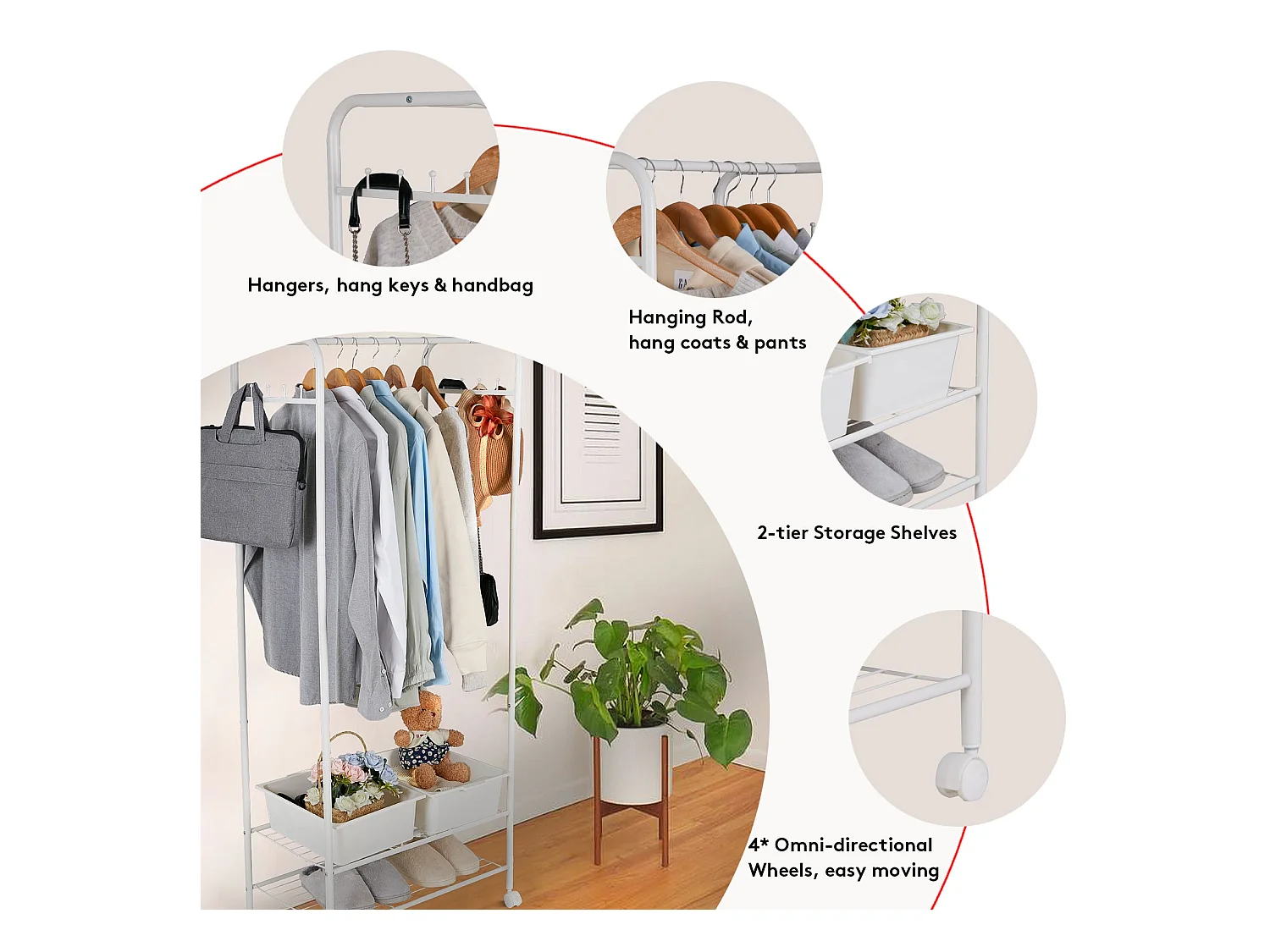 Design kapstok met 3 planken en 8 haken, solide kapstok, halkapstok, 39x39x169cm