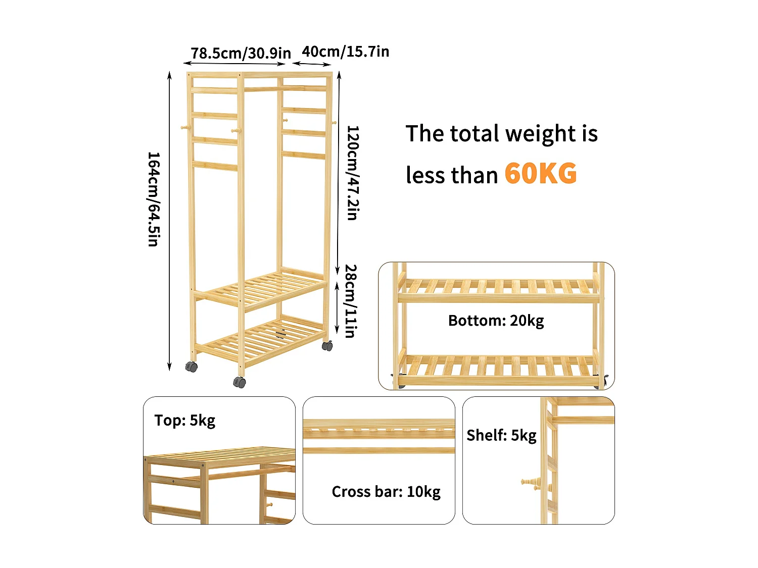 Porte vêtements sur pieds roulant armoire ouverte penderie 78x37x120cm