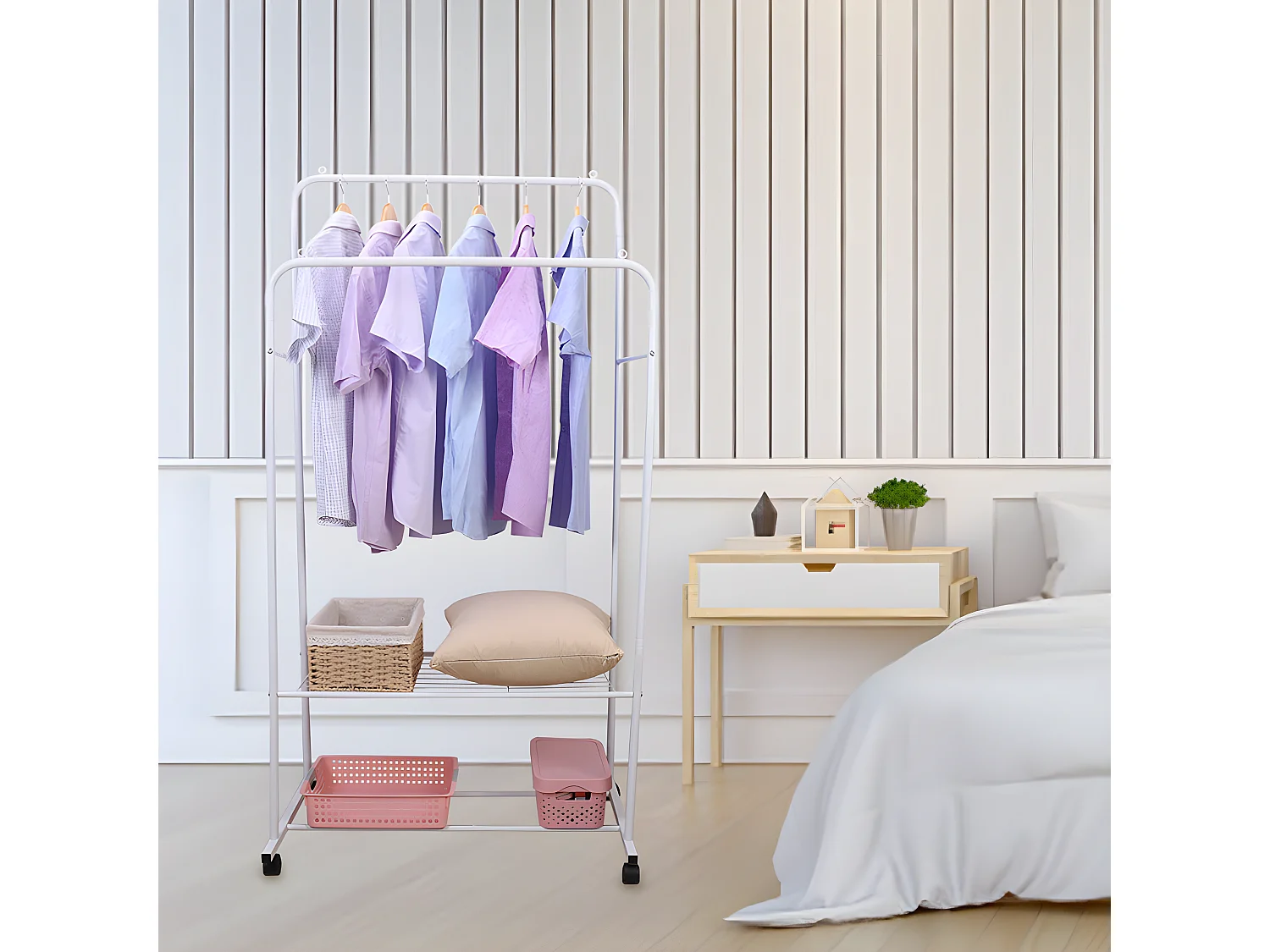 Portant à vêtements roulant penderie double avec roulettes porte manteau 80.5x51x155cm