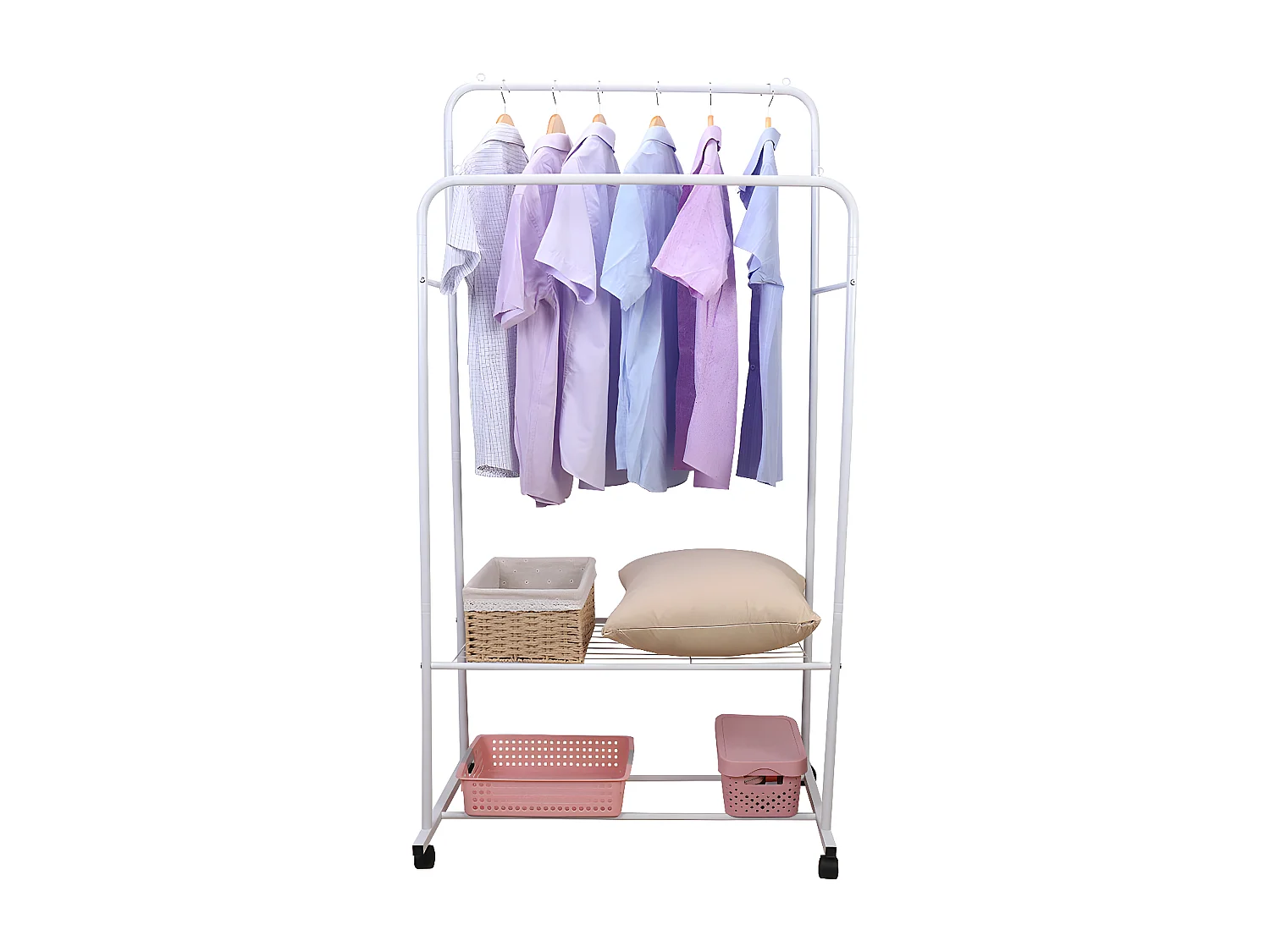 Portant à vêtements roulant penderie double avec roulettes porte manteau 80.5x51x155cm