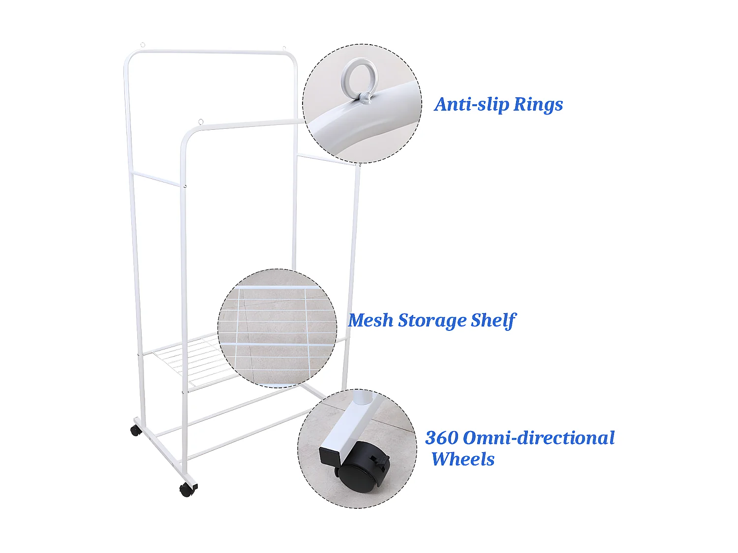 Portant à vêtements roulant penderie double avec roulettes porte manteau 80.5x51x155cm