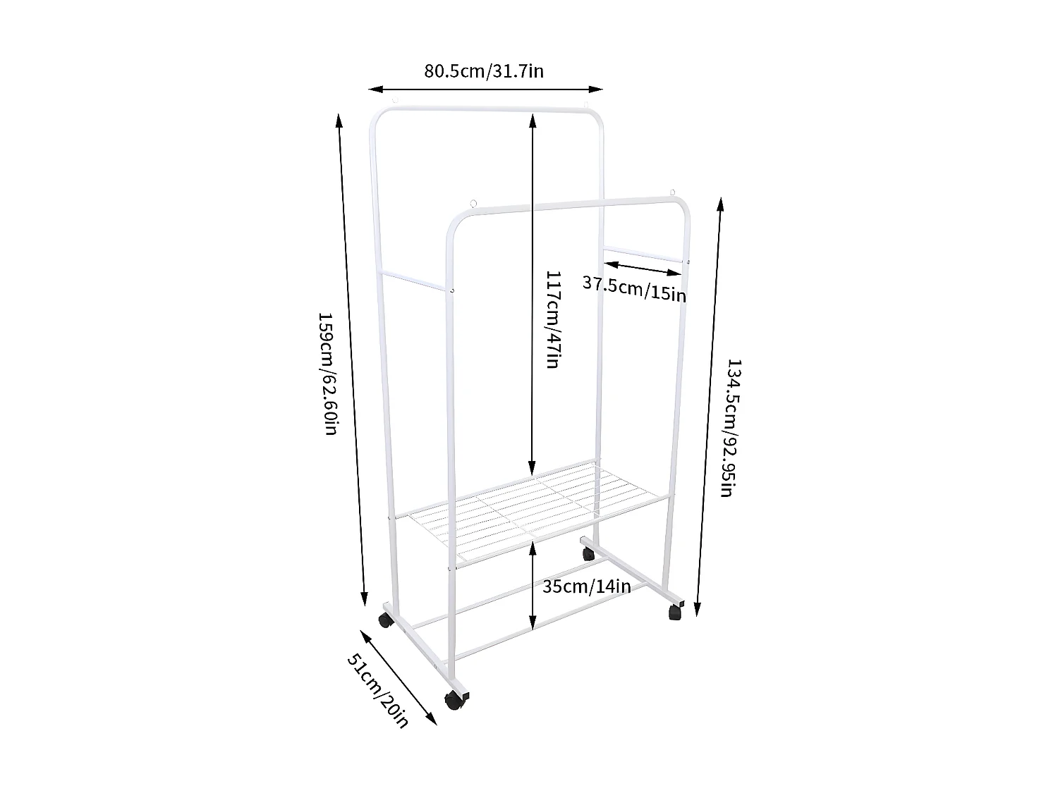 Portant à vêtements roulant penderie double avec roulettes porte manteau 80.5x51x155cm
